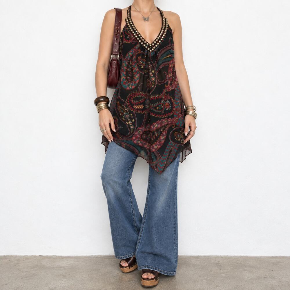 Angie Beaded Paisley Tunic Tank Top Y2K Boho
